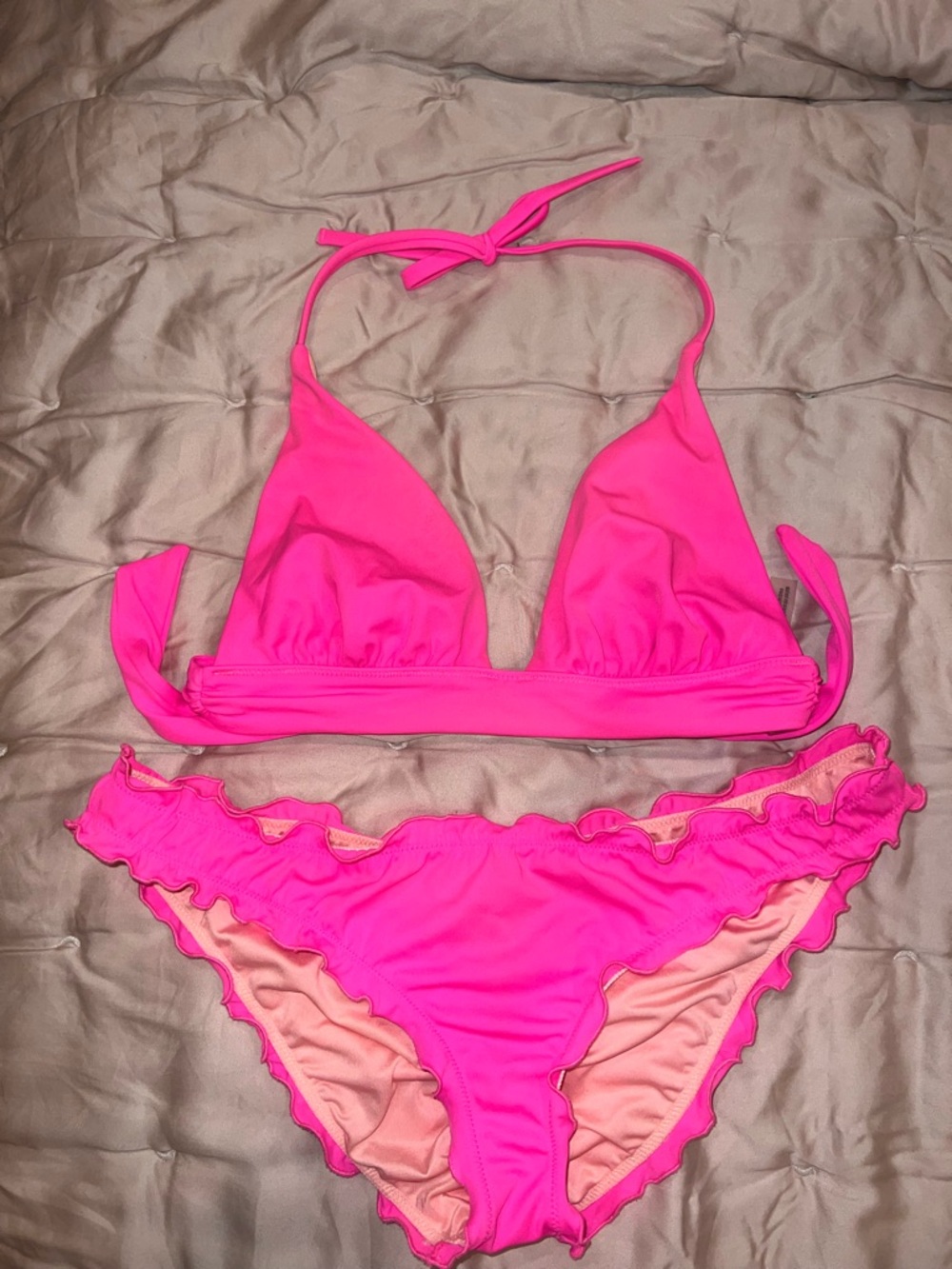 Victoria’s Secret neon pink ruffle/ruched bikini set